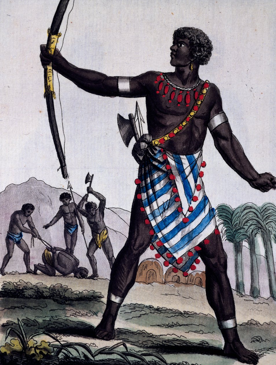 Válečník Anzikos, Afrika, rytina z Encyklopedie plaveb od Jacques Grasset de Saint Sauveur