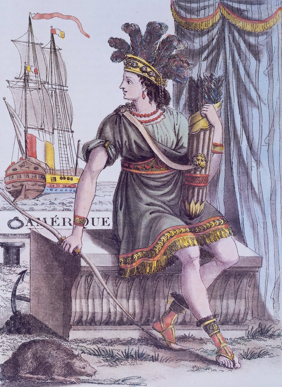 Titulní strana z Encyklopedie cest od Jacquese Grasset de Saint-Sauveur, zobrazující alegorii Ameriky od Jacques Grasset de Saint Sauveur