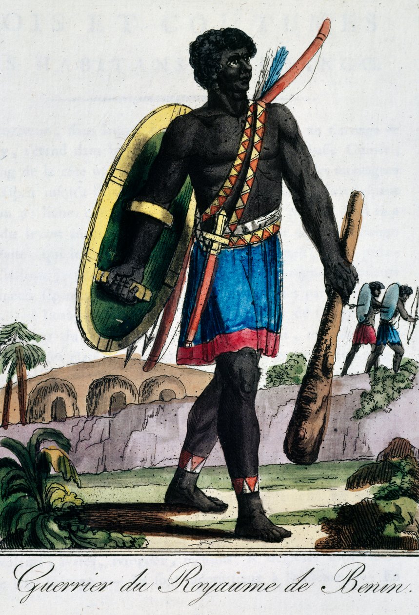 Warrior from Benin Africa, rytina z Travelling encyklopedie od Jacques Grasset de Saint Sauveur