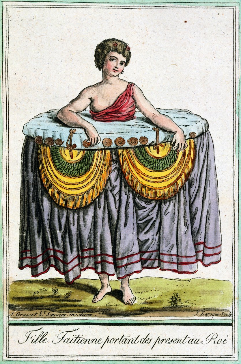Mladá žena nabízí dary králi, Tahiti, Společenské ostrovy, rytina z Encyklopedie plaveb, od Jacquese Grasseta de Saint-Sauveur (1757-1810) od Jacques Grasset de Saint Sauveur