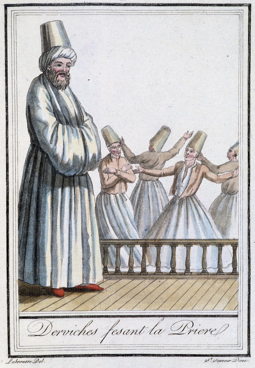 Dervišové se modlí (Vířiví derviši) - v „“Encyclopédie des voyages”” od Grasset Saint Sauveur, ed. Paříž 1796 od Jacques Grasset de Saint Sauveur
