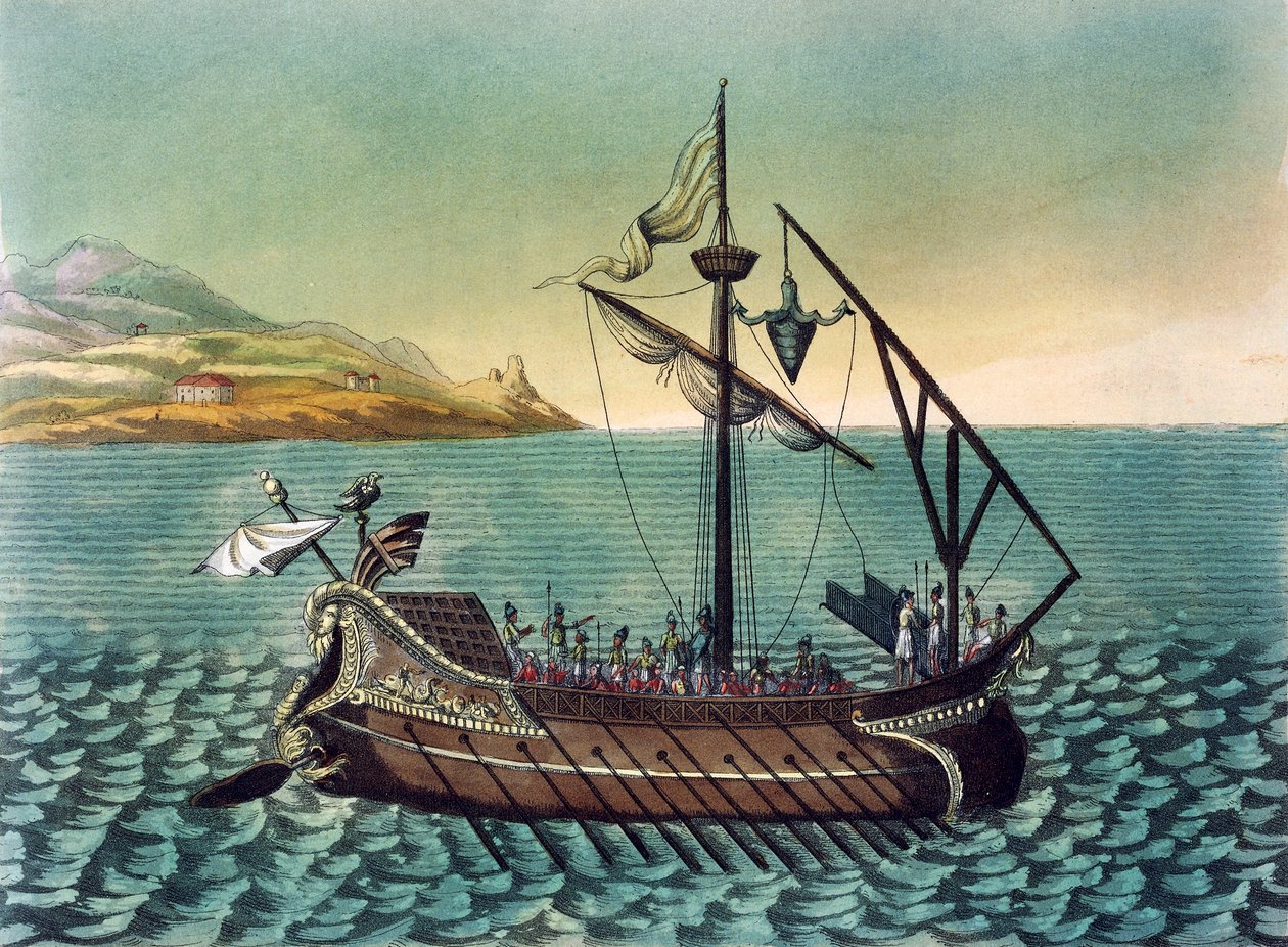 Duilius Corvus (nástupní zařízení) na římské válečné lodi s galérou, Jacques Grasset de Saint-Sauveur (1757-1810), rytina ze starověkého Říma od Jacques Grasset de Saint Sauveur