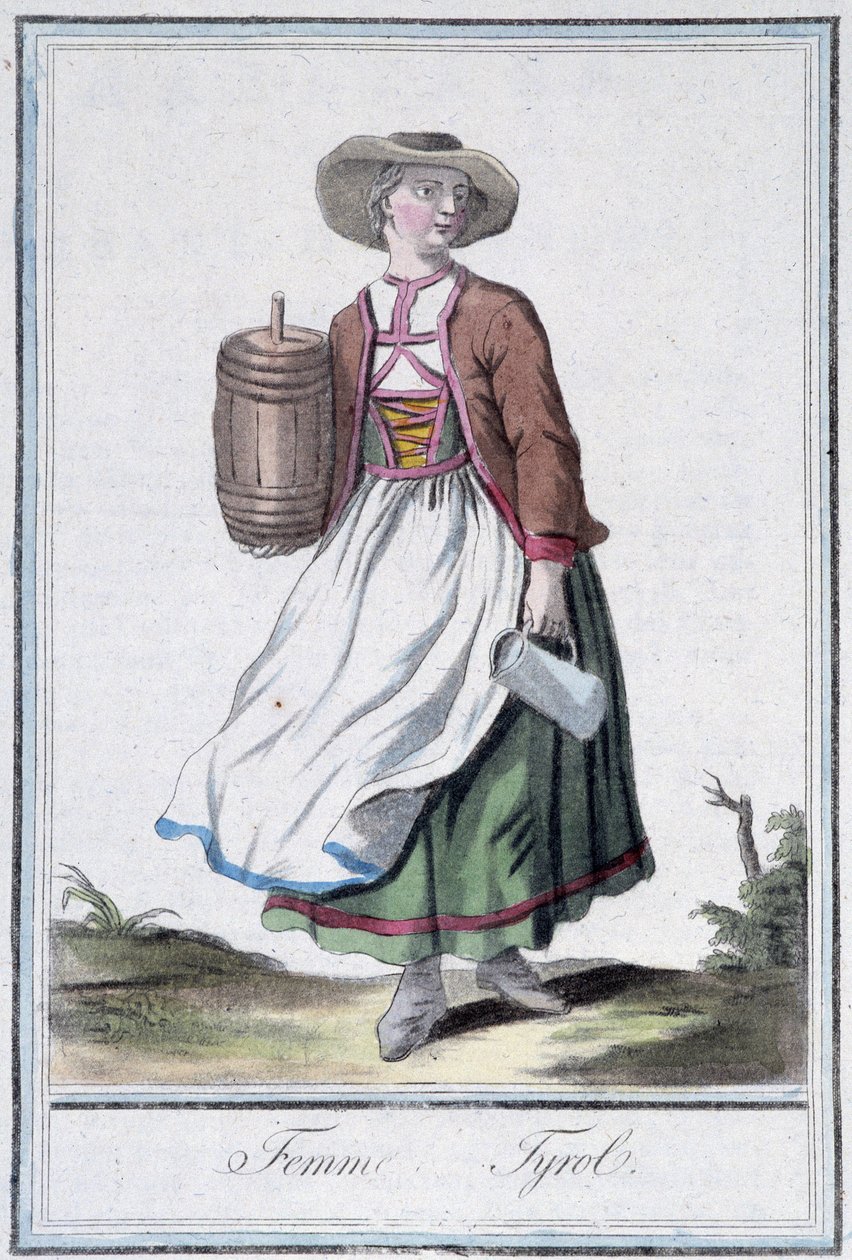 Femme of Tyrol - v “”Encyklopedie cest”” od Grasset St Sauveur, ed. 1796 od Jacques Grasset de Saint Sauveur