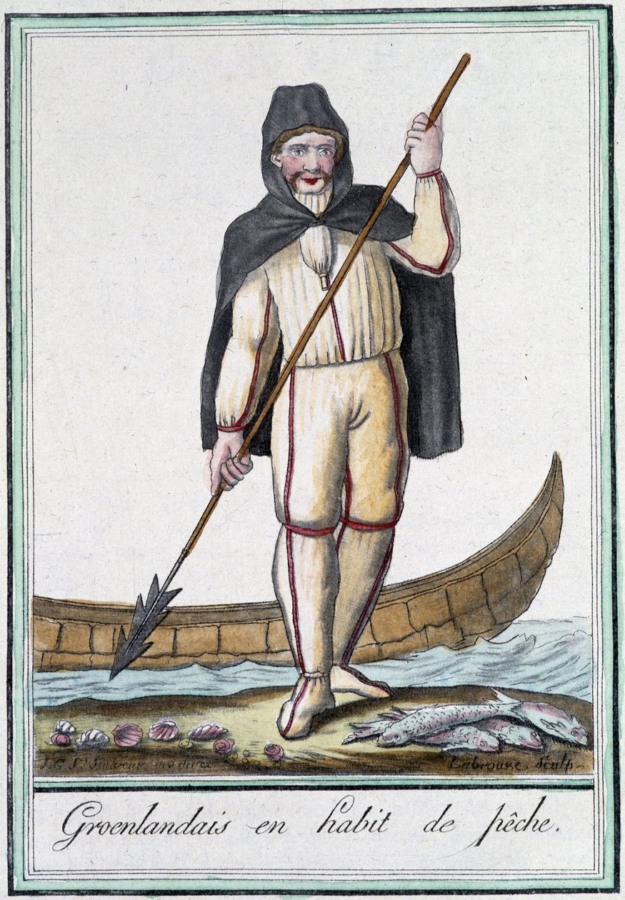 Gróňané v rybářském náčiní – v „“Encyclopédie des voyages”” od Grasset Saint Sauveur, ed. Paříž 1796 od Jacques Grasset de Saint Sauveur