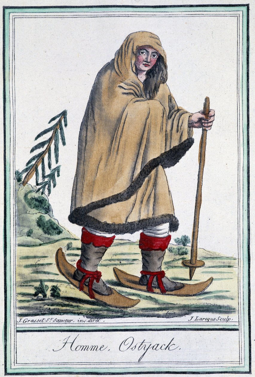 Ostyack muž na lyžích - v “”Encyclopédie des voyages”” od Grasset Saint Sauveur, ed. Paříž 1796 od Jacques Grasset de Saint Sauveur
