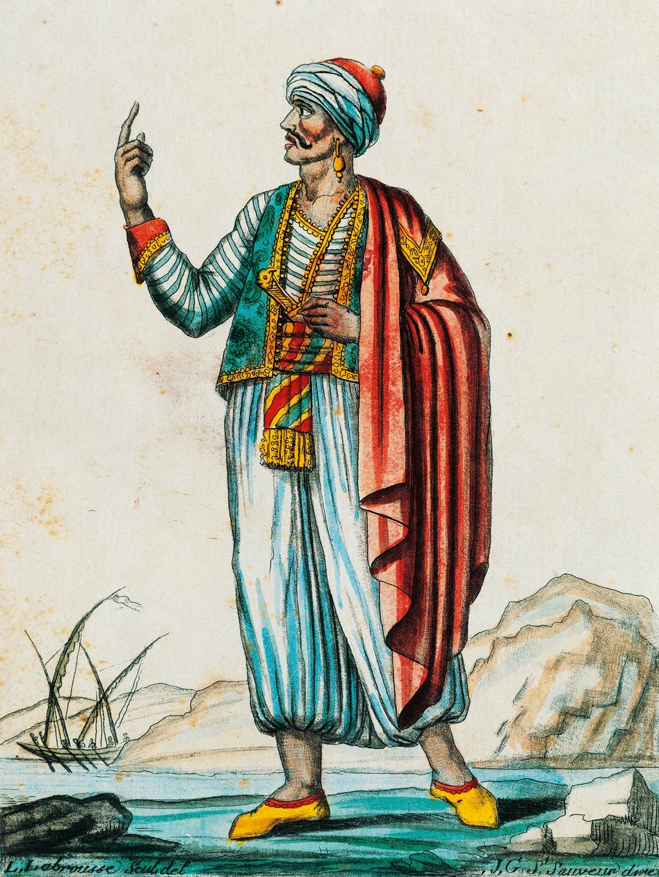 Mužský kostým z barbarských a muslimských států, barevná rytina z kresby od Labrousse (aktivní 1796), z Encyclopedie des Voyages, od Jacquese Grasseta de Saint-Sauveur (1757-1810) od Jacques Grasset de Saint Sauveur
