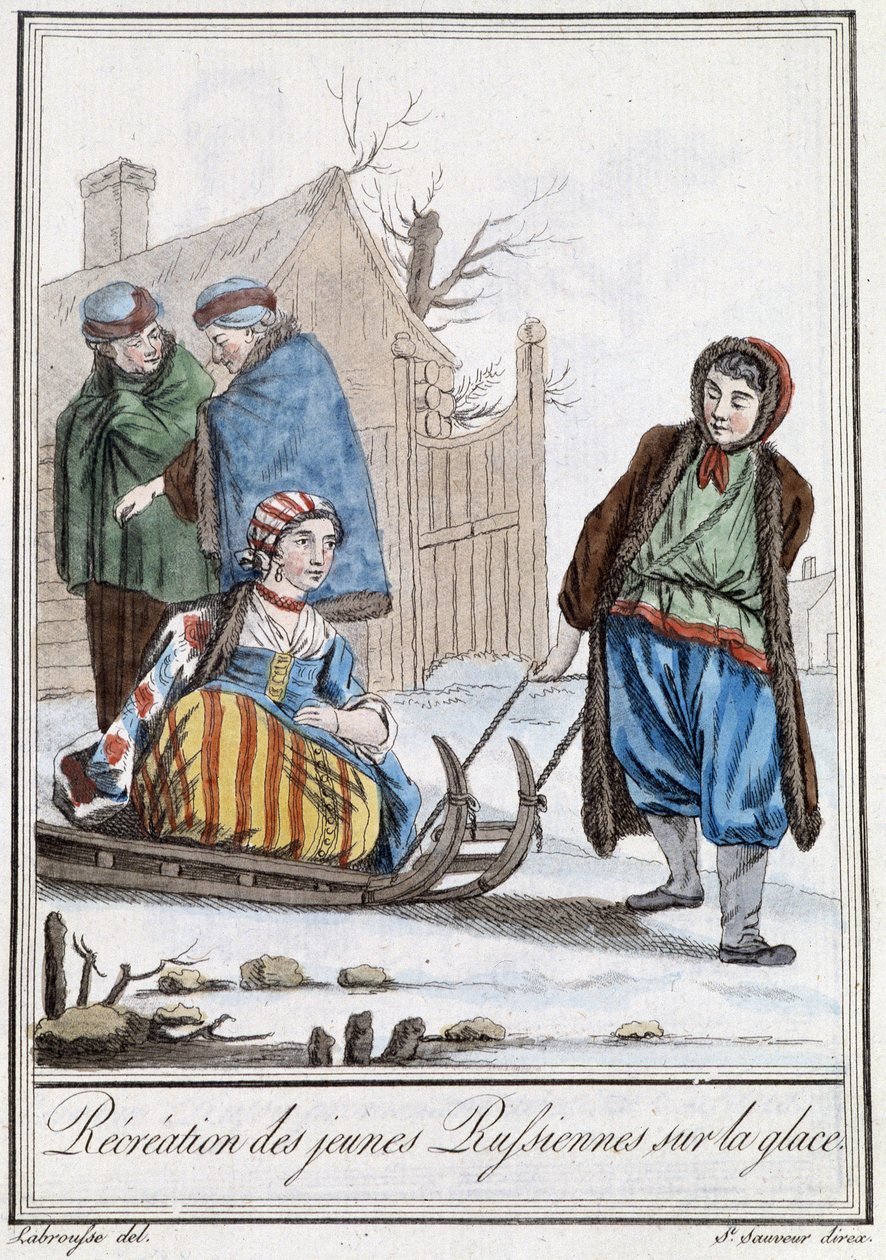Rekreace mladých Rusů na sáňkách (Rusové) - v “”Encyklopedie cest”” od Grasset Saint Sauveur, ed. Paříž 1796 od Jacques Grasset de Saint Sauveur