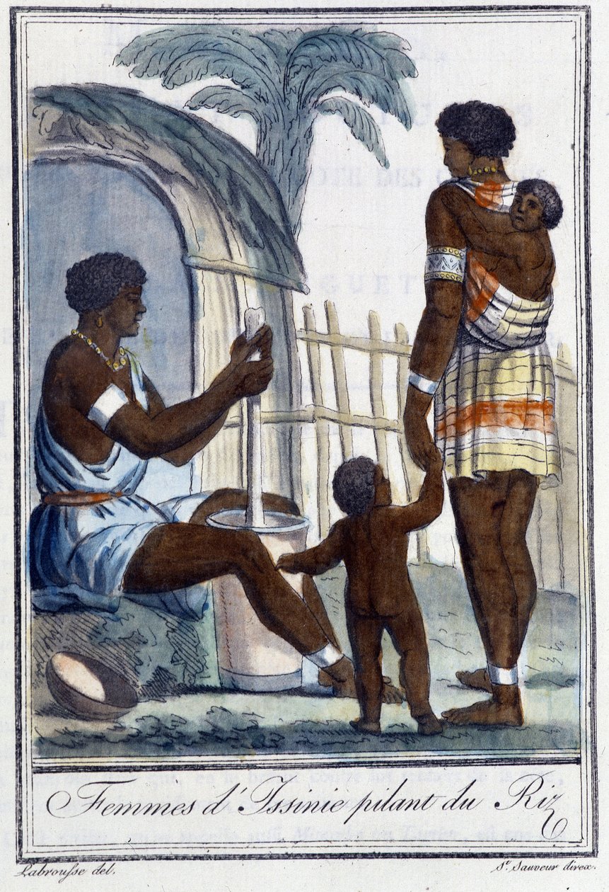 Ženy z Issinie buší rýži - v „“Encyklopedie cest”” od Grasset St Sauveur, ed. 1796 od Jacques Grasset de Saint Sauveur