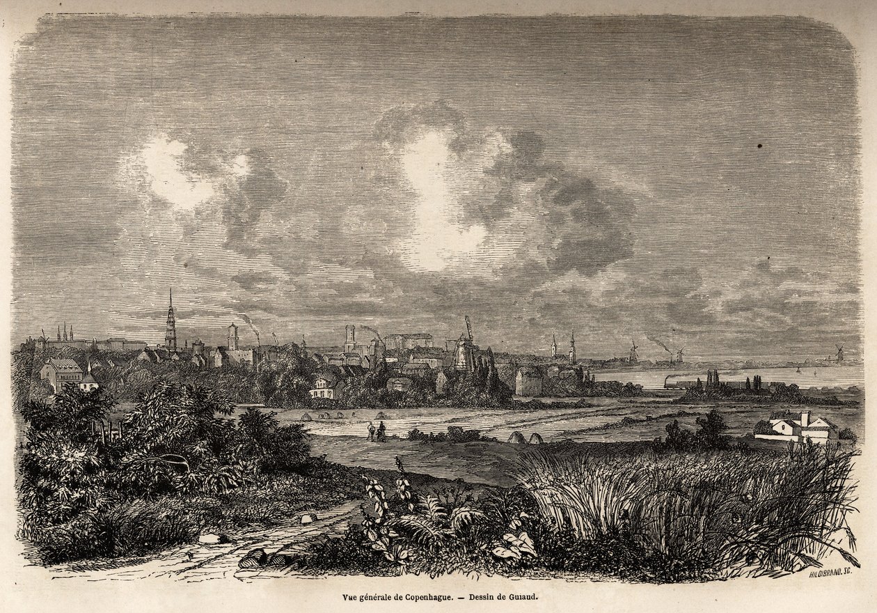 Celkový pohled na Kodaň, kresba Jacquese Guiauda (1810-1876), pro ilustraci cesty J. M. Dargauda do Dánska (1800-1860), v roce 1860. Rytina v „“Le tour du monde“, editoval Edouard Charton od Jacques Guiaud