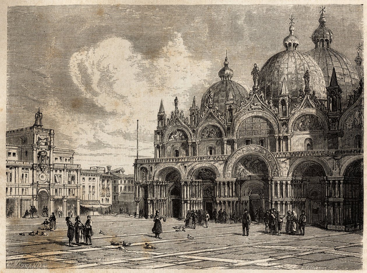 Náměstí a kostel sv. Marka (Svatého Marka), kresba Jacquese Guiauda (1810-1876), pro ilustraci cesty Adalberta de Beaumonta do Benátek kolem roku 1850. Rytina „“Le tour du monde““, editoval Edouard Charton od Jacques Guiaud