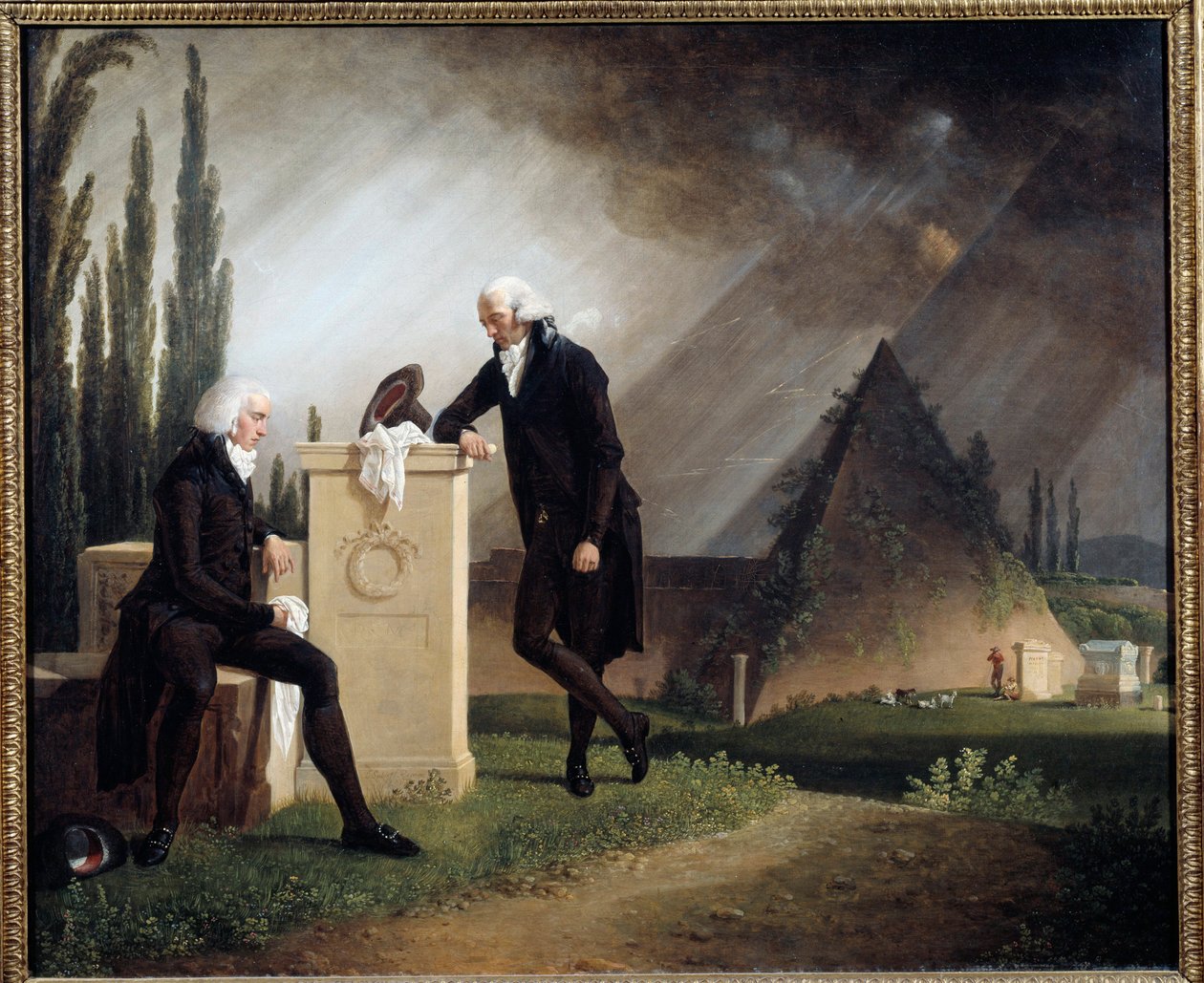 Římská elegie neboli „Dvojitý portrét na římském protestantském hřbitově“ jsou zastoupeny symboly Franc Maconnerie. Obraz Jacquese Sableta (1749-1803) 1791 Brest, Musee des Beaux Arts - Římská elegie aneb „“ Dvojportrét na protestantském hřbitově v od Jacques Henri Sablet