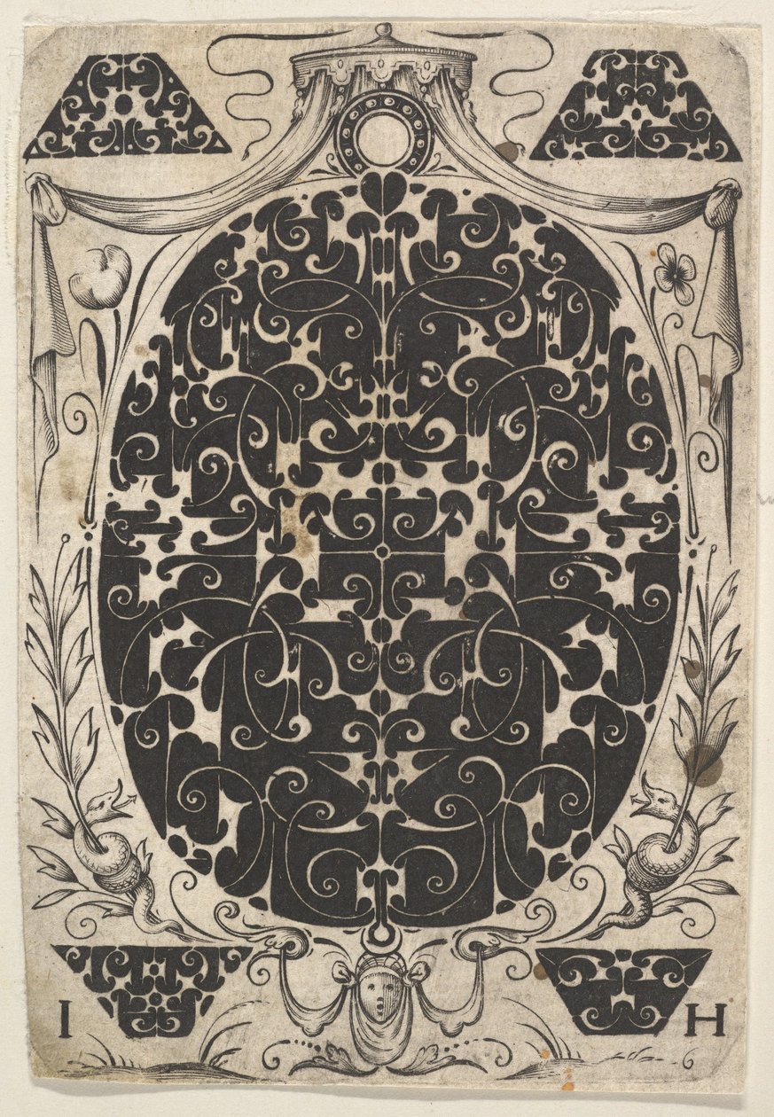 Oválný přívěsek zdobený Schweifwerkem, obklopený menšími motivy a korunovaný b..., ca. 1614-19. od Jacques Hurtu