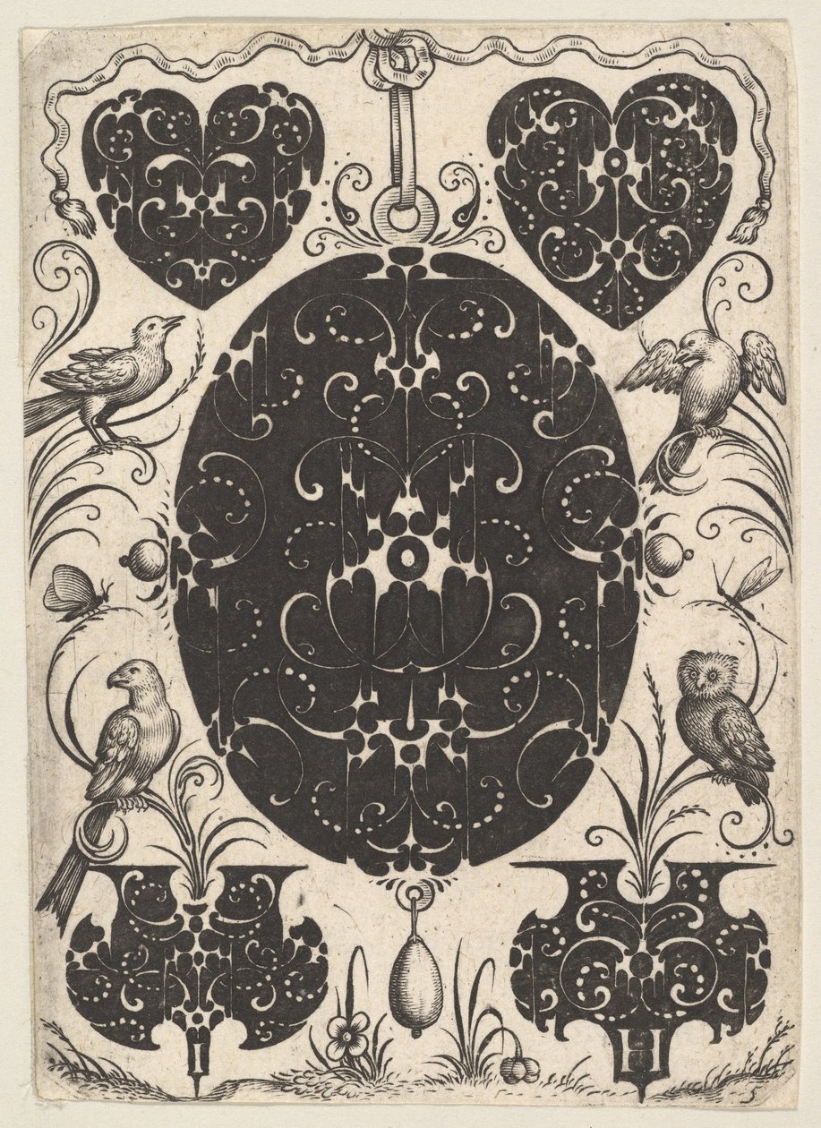 Oválný přívěsek zdobený Schweifwerkem, obklopený menšími motivy a čtyřmi ptáky, ca. 1614-19. od Jacques Hurtu