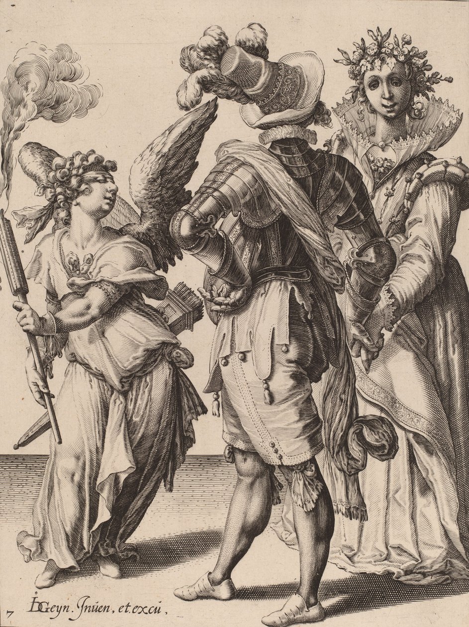 Amor se zavázanýma očima držící pochodeň před párem, připisovaný Zachariasi Dolendovi, 1595-6 (rytina na položený papír) od Jacques II de Gheyn