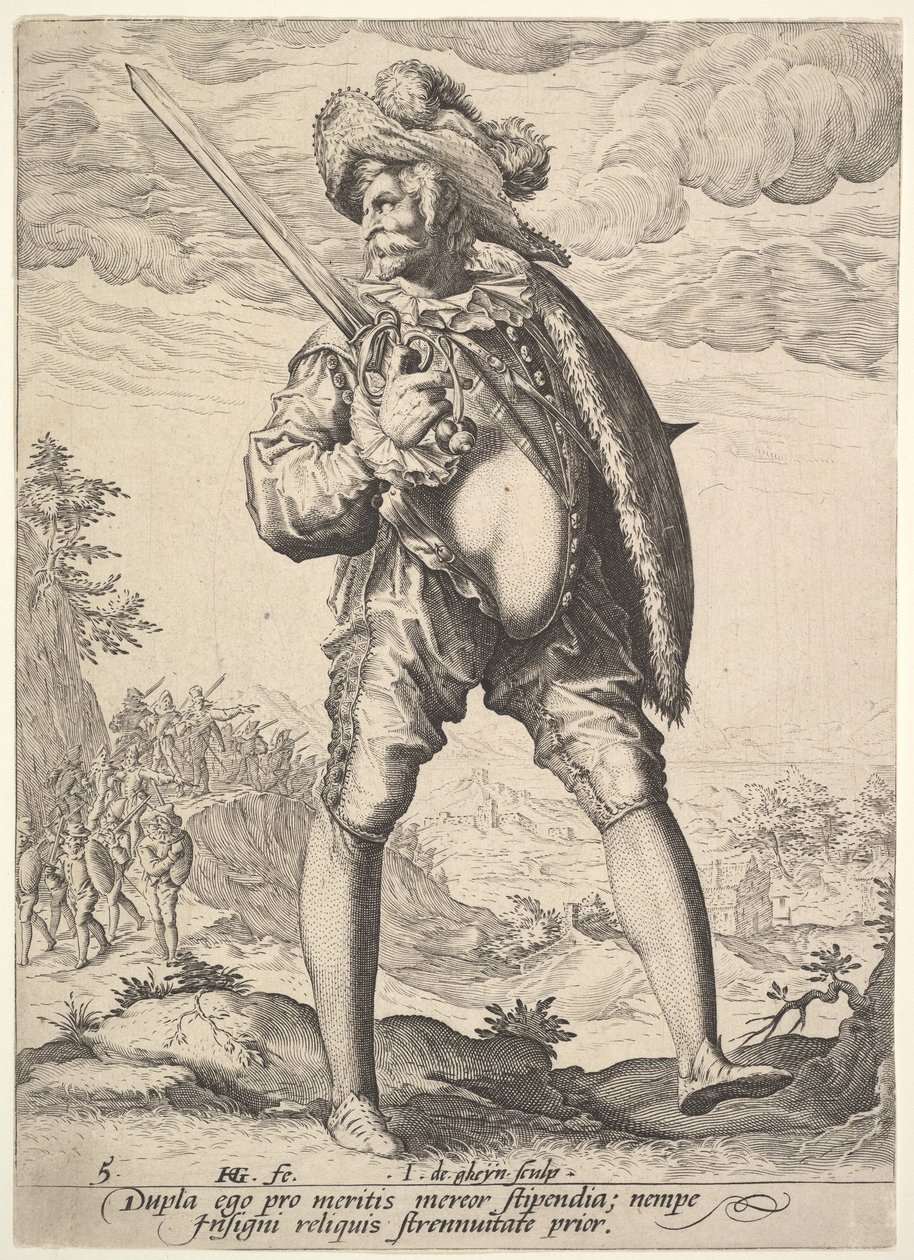 Voják, vyzbrojený širokým mečem a štítem, od důstojníků a vojáků, 1587. od Jacques II de Gheyn