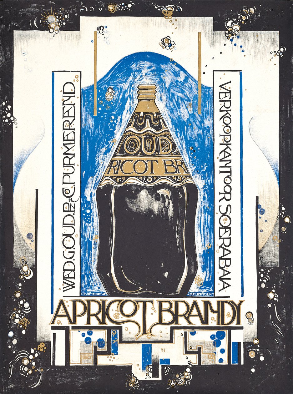 Plakát s reklamou na meruňkovou pálenku, pro prodejce vína a sherry Oud, kolem roku 1920 (barva litho) od Jacques Jongert
