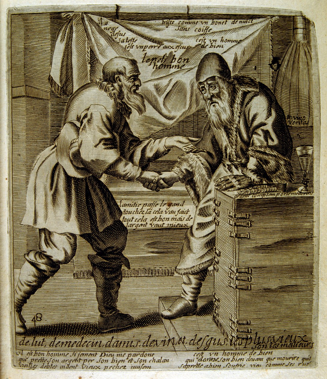 Rytá ilustrace ze sbírky přísloví ze 17. století. Paříž 1657-1663. Autor: Jacques Lagniet (1620-1675). Francouzský rytec. Od něho mnoho společensky kritických rytin a posměšných obrázků, jako jsou jeho někdy groteskní a fantastické ilustrace. od Jacques Lagniet