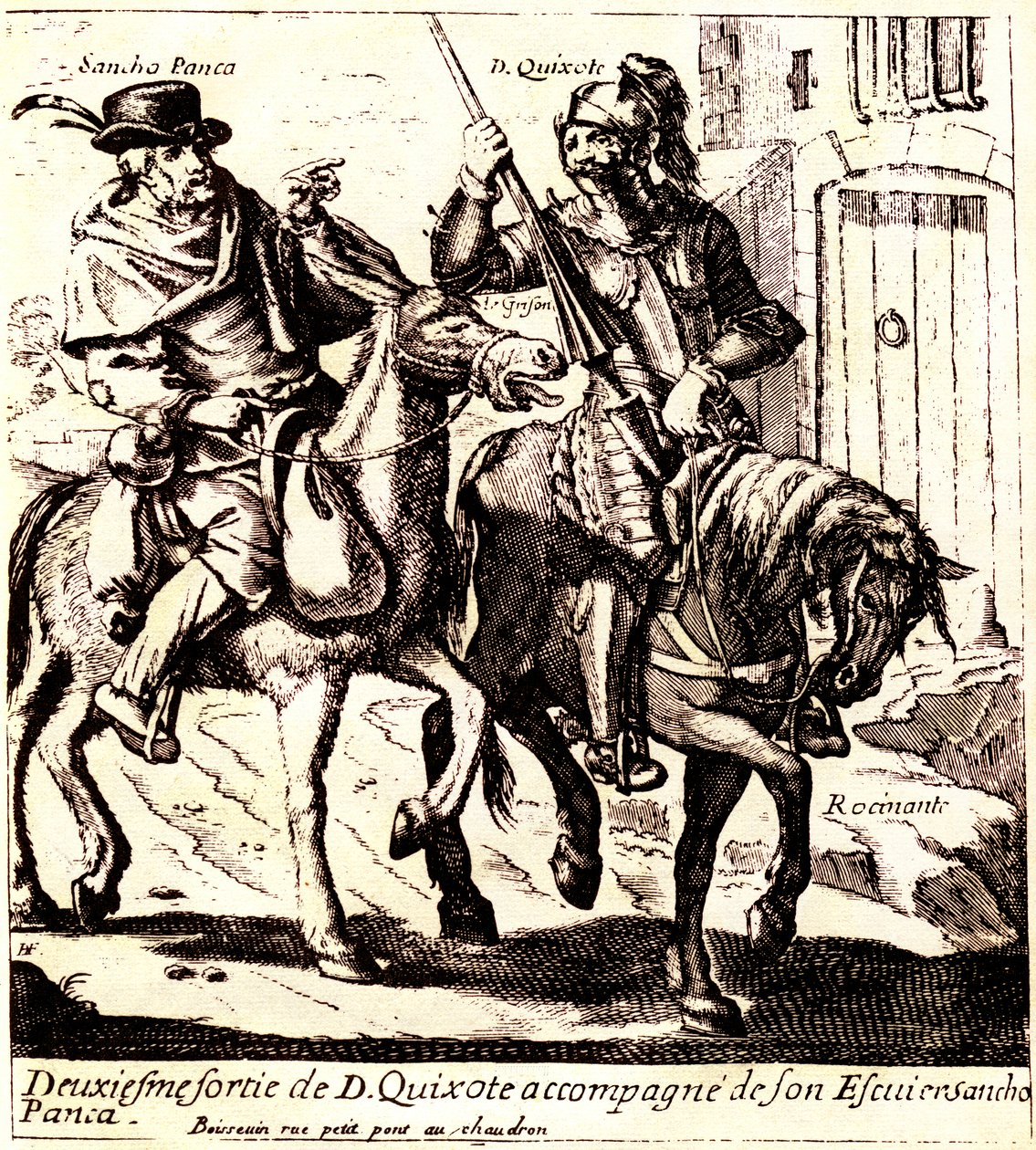 Don Quijote na Rossinante, doprovázený Sancho Pancou na oslu Grisonovi, kolem roku 1640 (ilustrace) od Jacques Lagniet