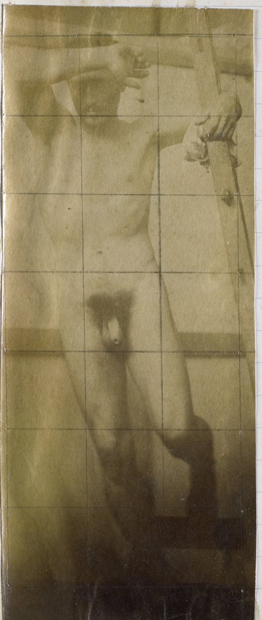 Studie modelu mužského aktu, visícího na dřevěném lešení, v ateliéru Jacquese de Lalaing od Jacques Lalaing (attributed to)