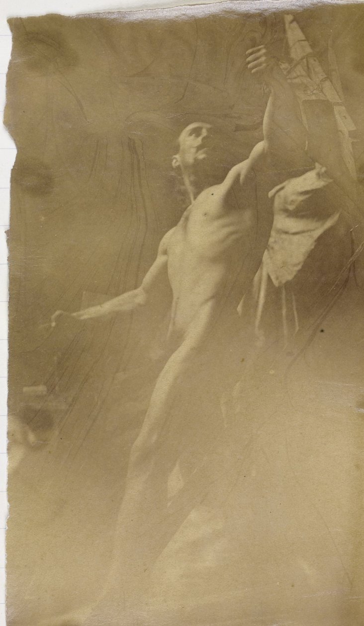 Studie modelu mužského aktu na lešení při pohledu zespodu v dílně Jacquese de Lalainga od Jacques Lalaing (attributed to)