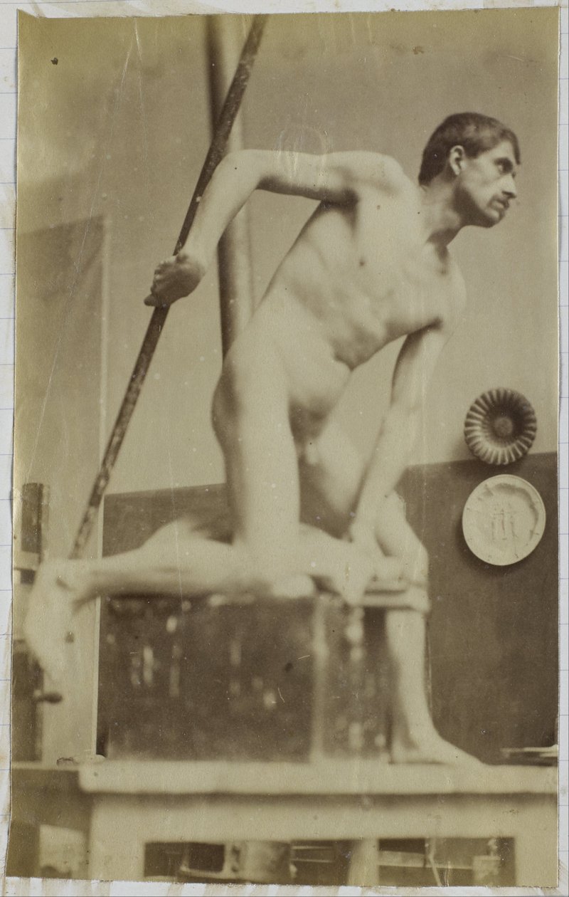 Studie modelu mužského aktu s kopím v ruce v ateliéru Jacquese de Lalainga od Jacques Lalaing (attributed to)