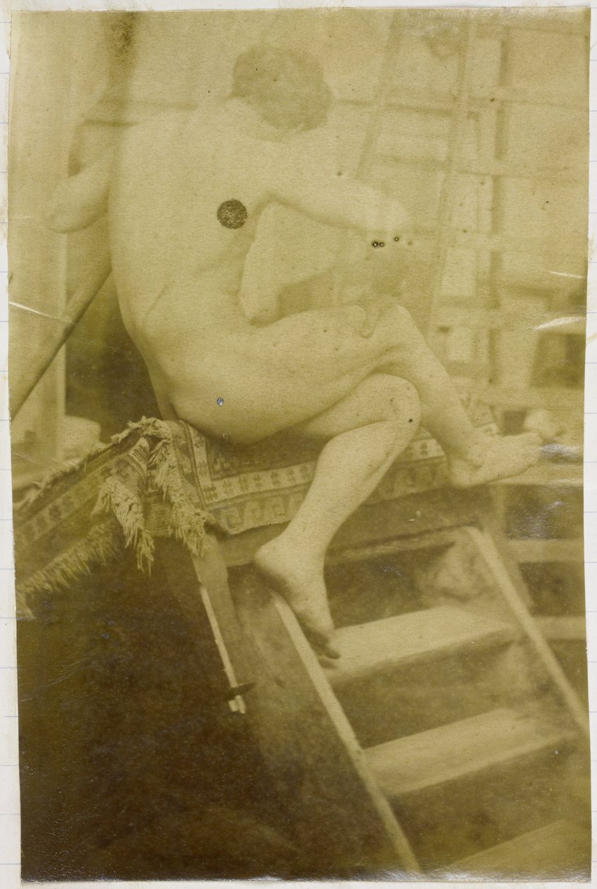 Studie modelu mužského aktu při pohledu zezadu a sedícího na schodu v ateliéru Jacquese de Lalainga od Jacques Lalaing (attributed to)