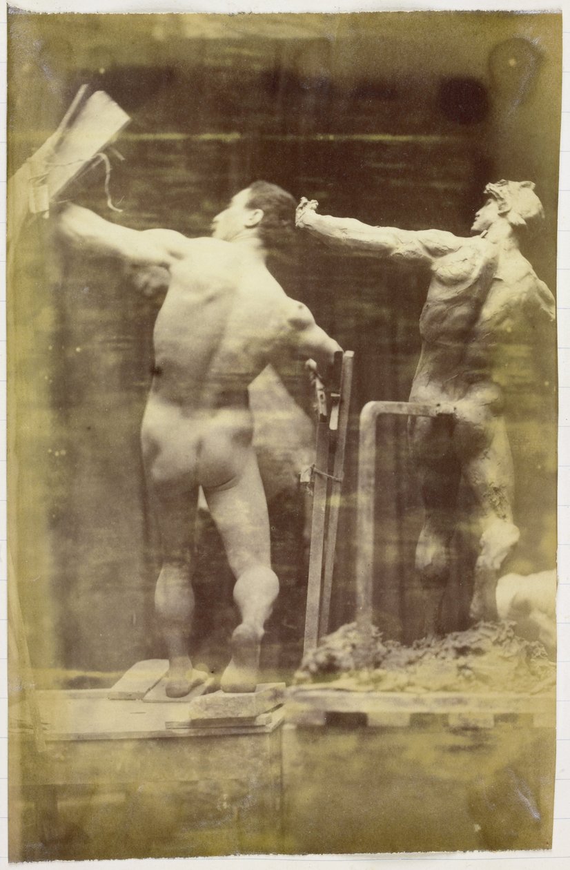 Studie modelu mužského aktu, viděného zezadu a z ruky na lešení, vedle sádrového modelu v přesně stejné pozici, v ateliéru Jacquese de Lalaing od Jacques Lalaing (attributed to)