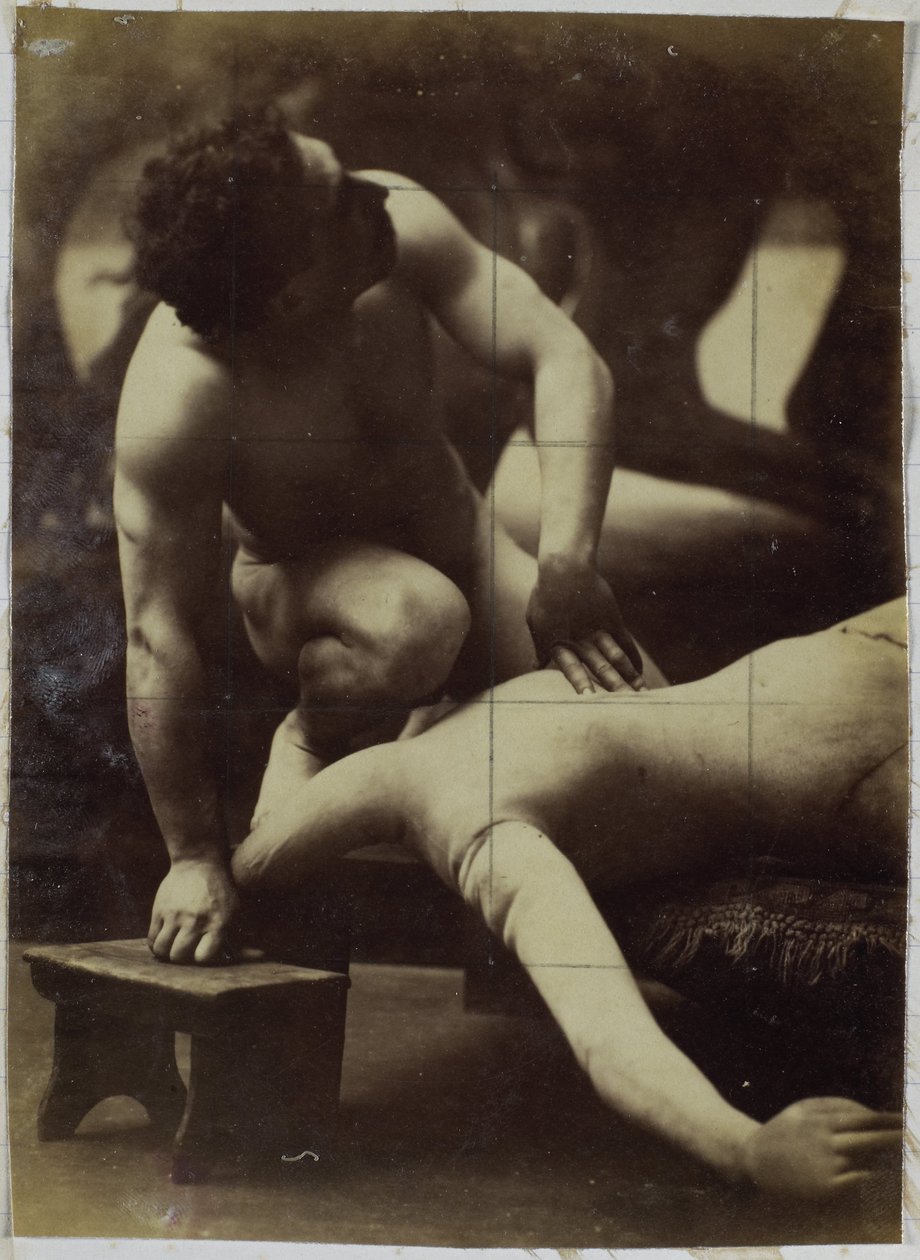 Studie mužského nahého modelu zápasícího s manekýnem v ateliéru Jacquese de Lalainga od Jacques Lalaing (attributed to)