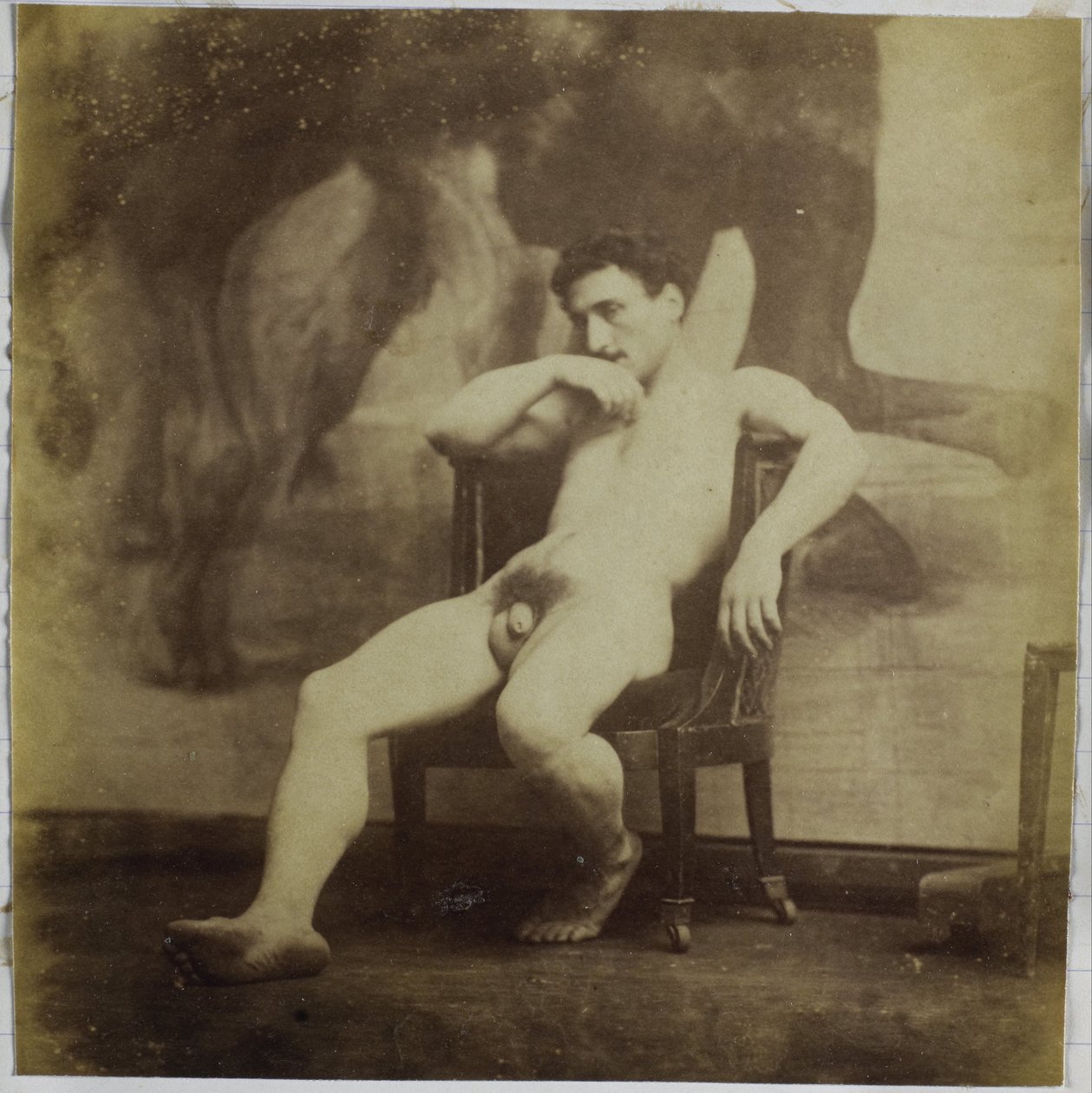 Studie modelu mužského aktu sedícího v křesle v ateliéru Jacquese de Lalainga od Jacques Lalaing (attributed to)