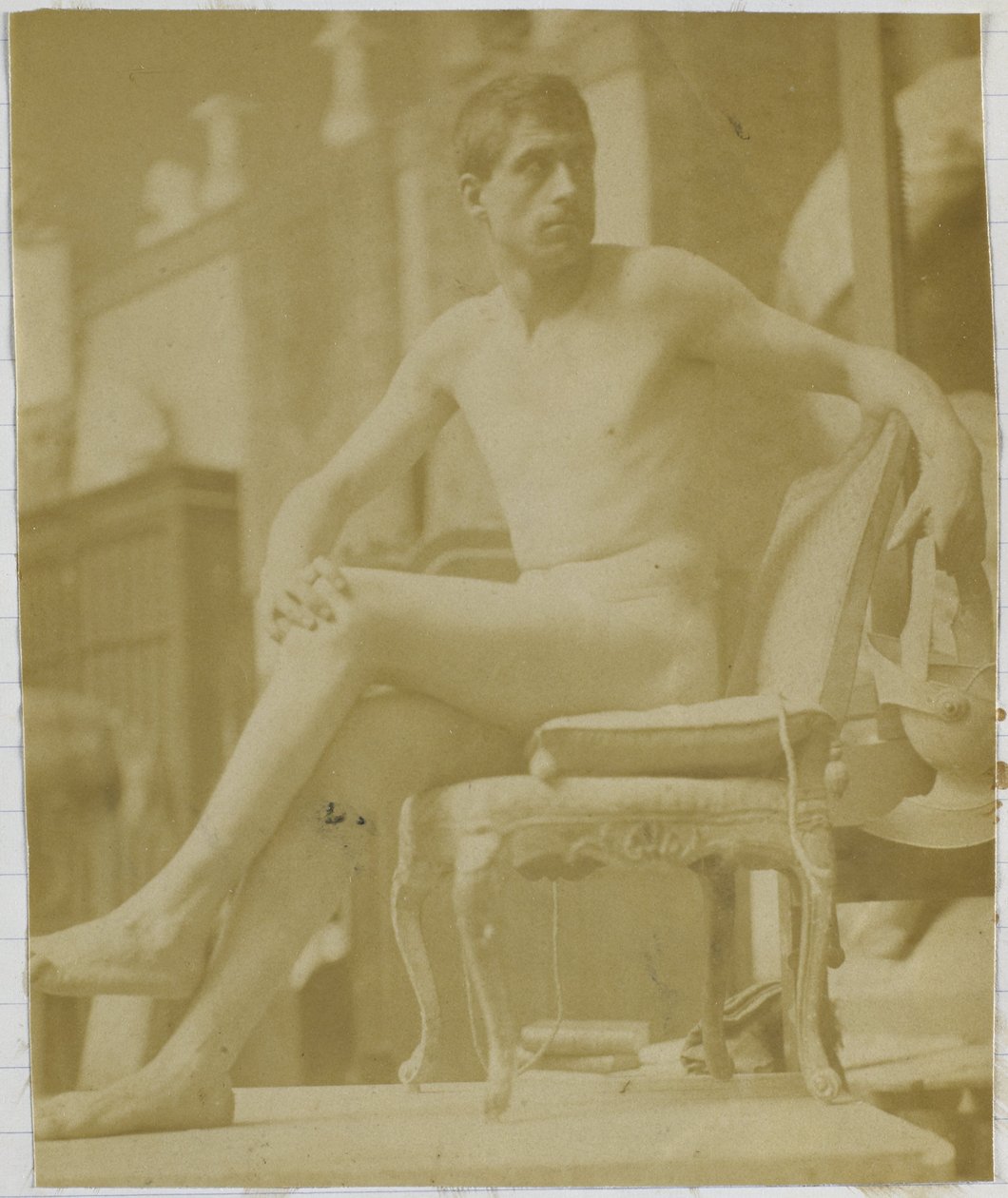 Studie modelu mužského aktu, sedícího na křesle a při pohledu zezadu, v ateliéru Jacquese de Lalainga od Jacques Lalaing (attributed to)