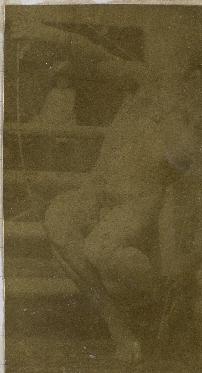 Studie mužského nahého modelu sedícího na schodu, při pohledu zepředu s provazem a lukem na klíně, v ateliéru Jacquese de Lalaing od Jacques Lalaing (attributed to)