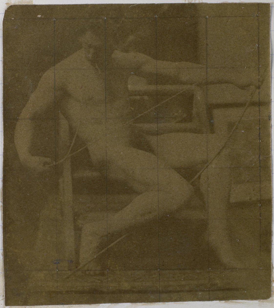 Studie mužského nahého modelu sedícího na schodu, při pohledu zepředu s provazem a lukem na klíně, v ateliéru Jacquese de Lalaing od Jacques Lalaing (attributed to)