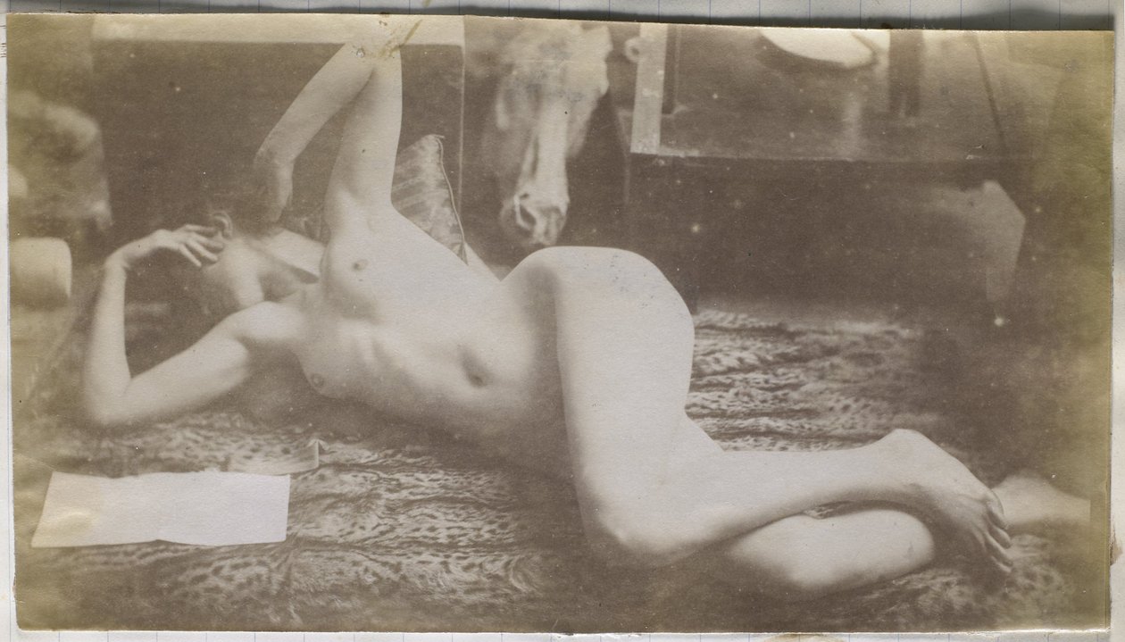 Studie nahé modelky ležící na tygří kůži v ateliéru Jacquese de Lalainga od Jacques Lalaing (attributed to)
