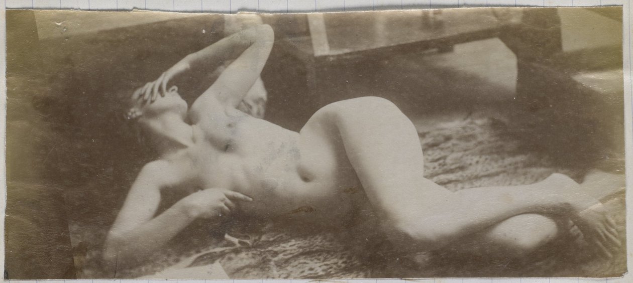 Studie nahé modelky ležící na tygří kůži v ateliéru Jacquese de Lalainga od Jacques Lalaing (attributed to)
