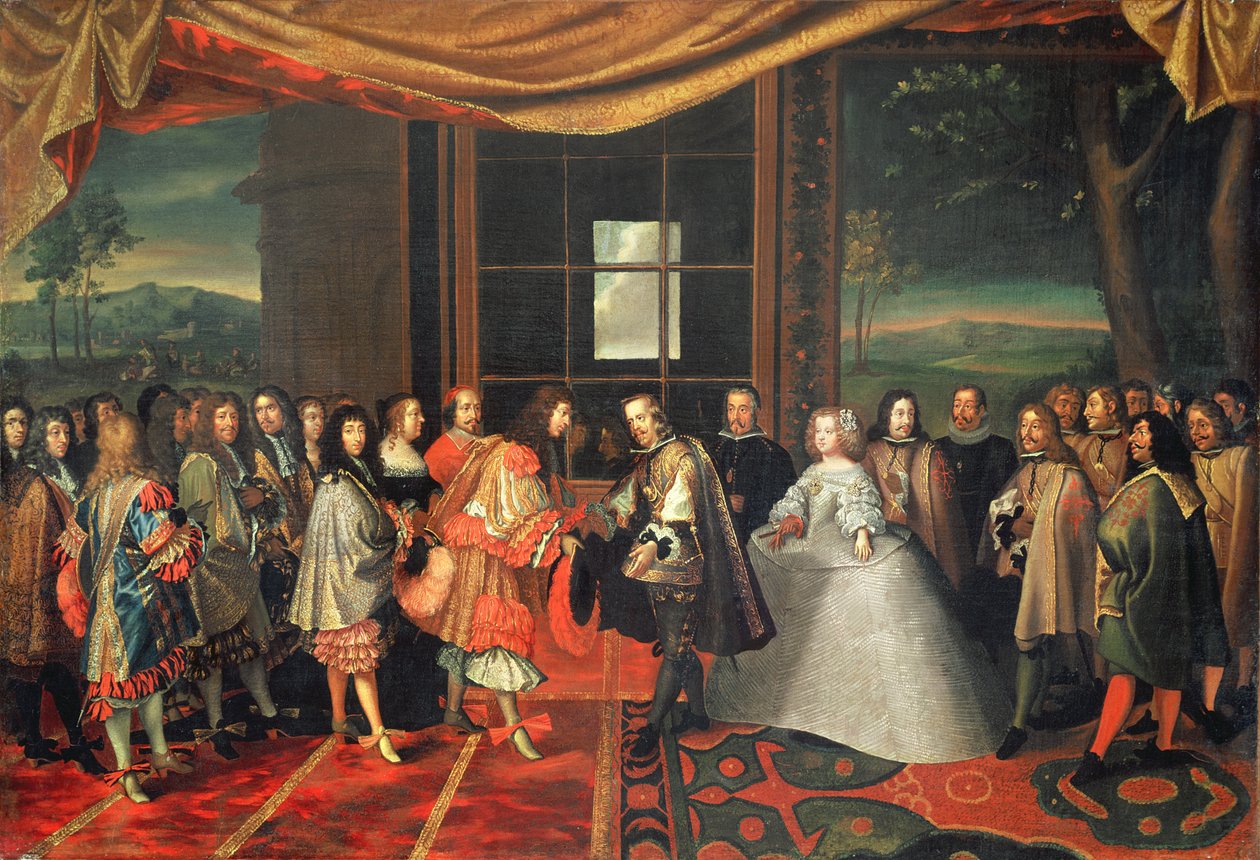 Setkání mezi Ludvíkem XIV. a Filipem IV. na Isle des Faisans, 7. listopadu 1659 (olej na plátně) od Jacques Laumosnier
