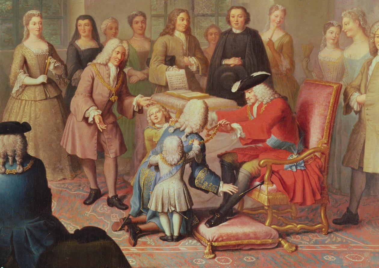 Filip V. Španělský dává zlaté rouno maršálovi z These je francouzský velvyslanec ve Španělsku v roce 1724 od Jacques Laumosnier