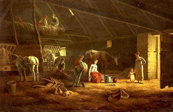Dojička, farmáři a orat koně ve stodole od Jacques Laurent (circle of) Agasse