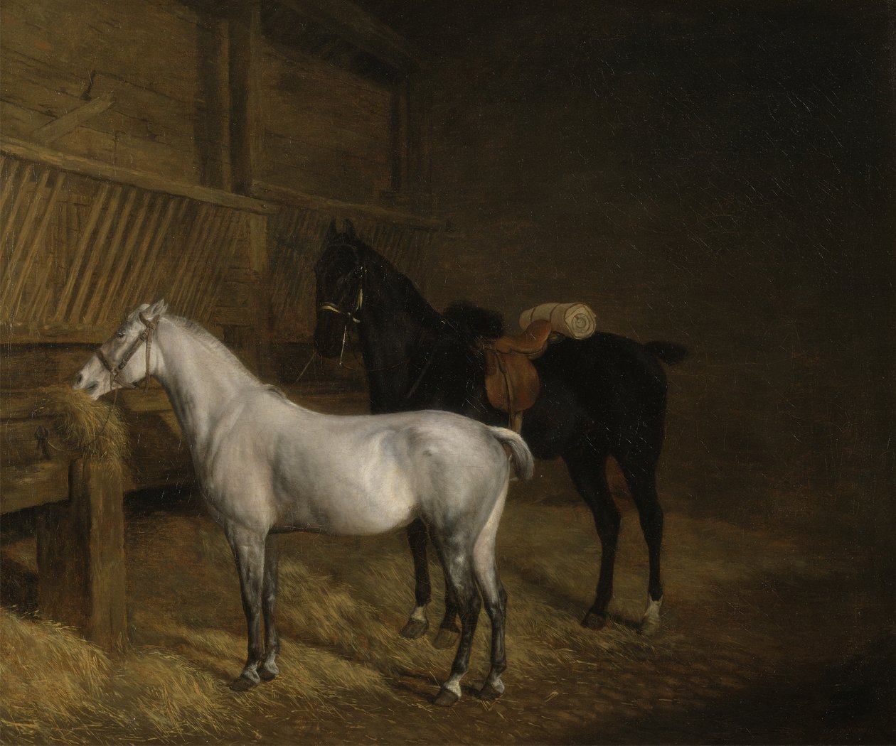 Šedý poník a černý nabíječ ve stáji (olej na plátně) od Jacques Laurent Agasse