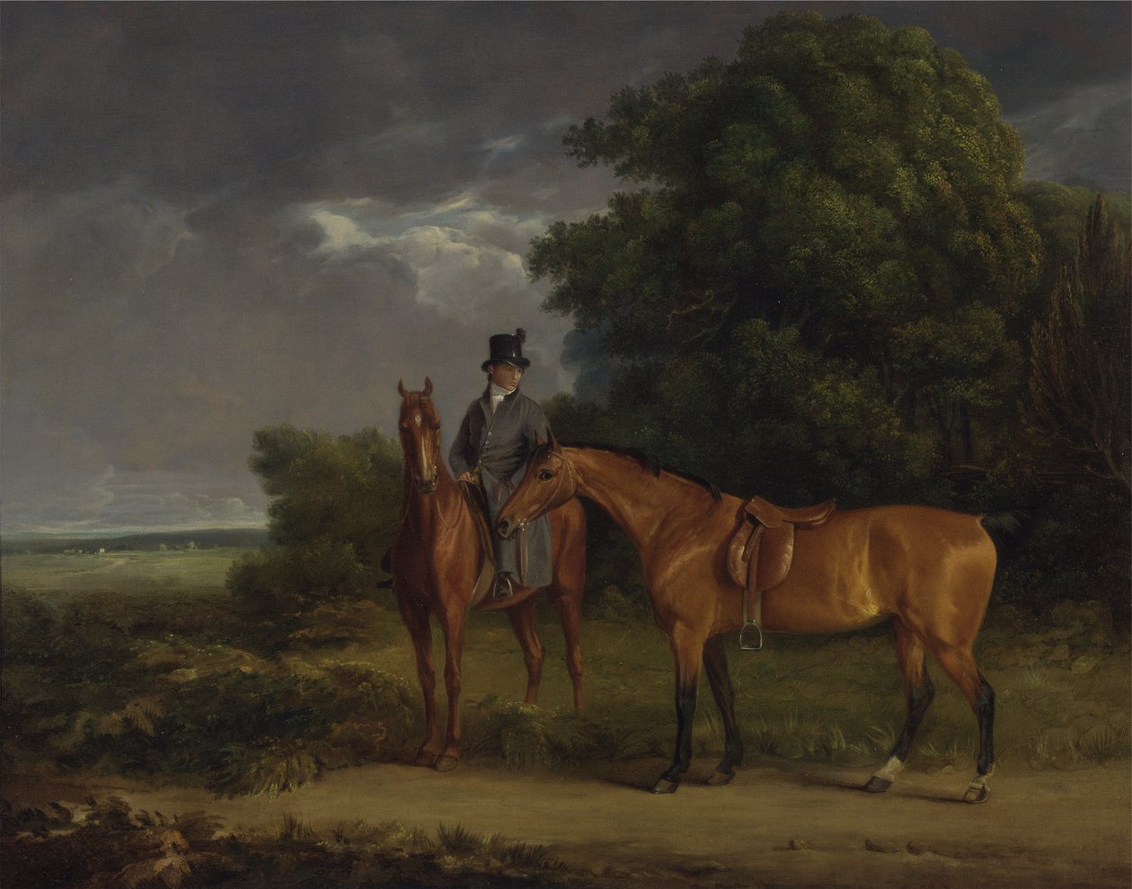 Ženich nasednutý na lovce kaštanů, drží na otěžích lovce zátoky (olej na plátně) od Jacques Laurent Agasse