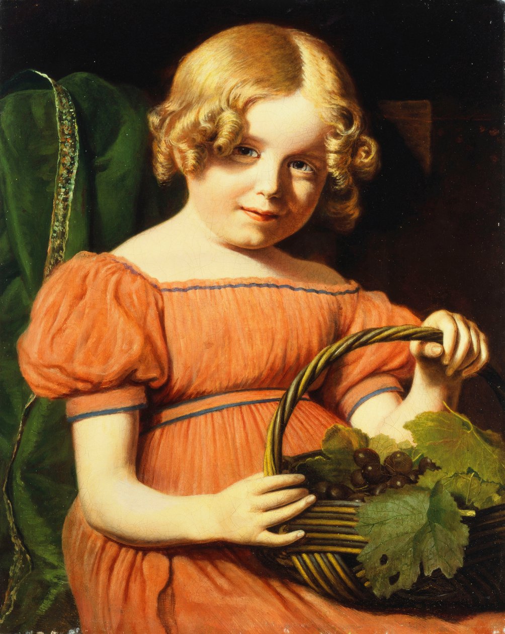 Portrét Louisy Booth, sedící napůl délky, v korálově růžových šatech zdobených modrým copánkem s košíkem hroznů, od Jacques Laurent Agasse