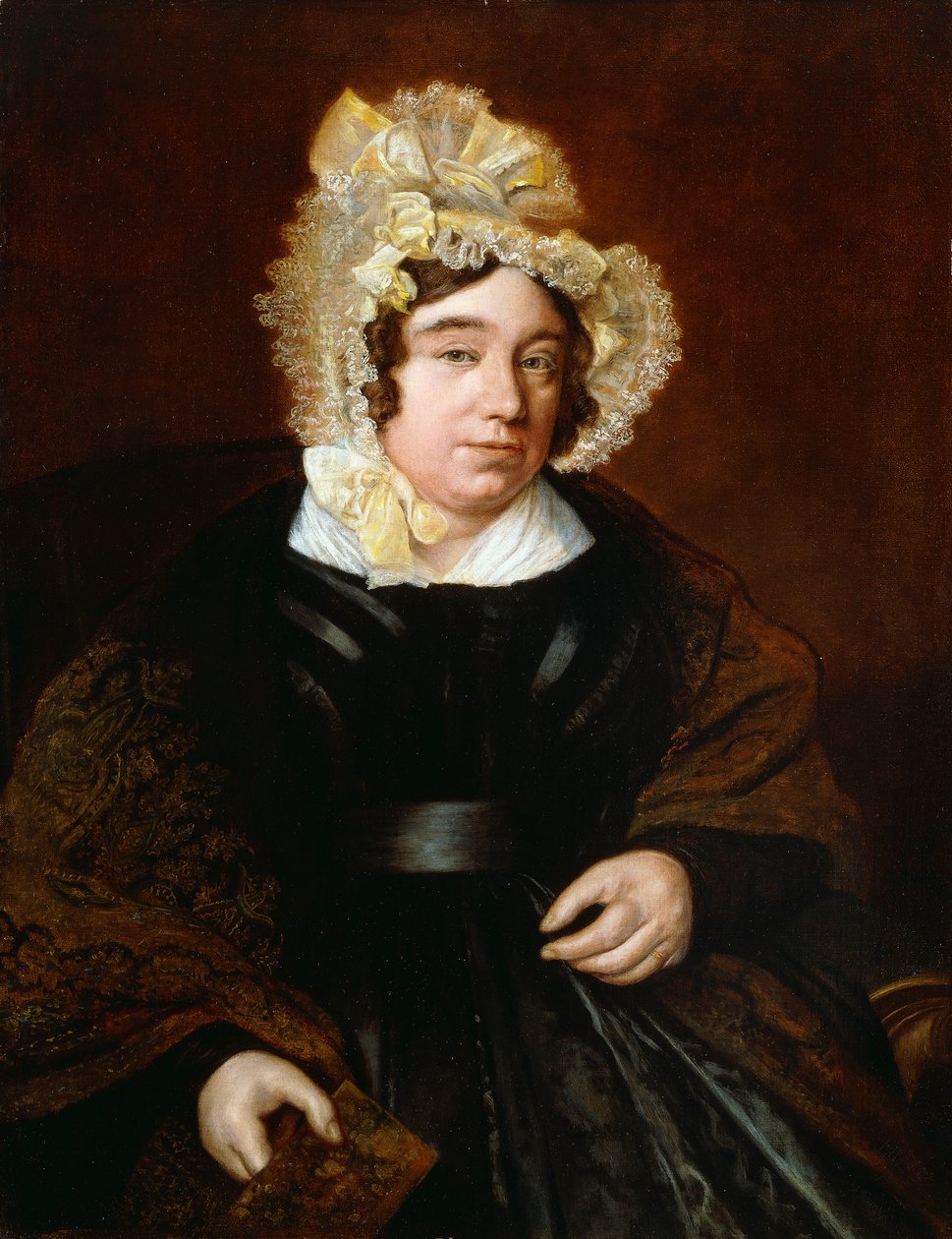 Portrét paní Edward Cross, sedící napůl v tmavých saténových šatech s paisley šálou, od Jacques Laurent Agasse