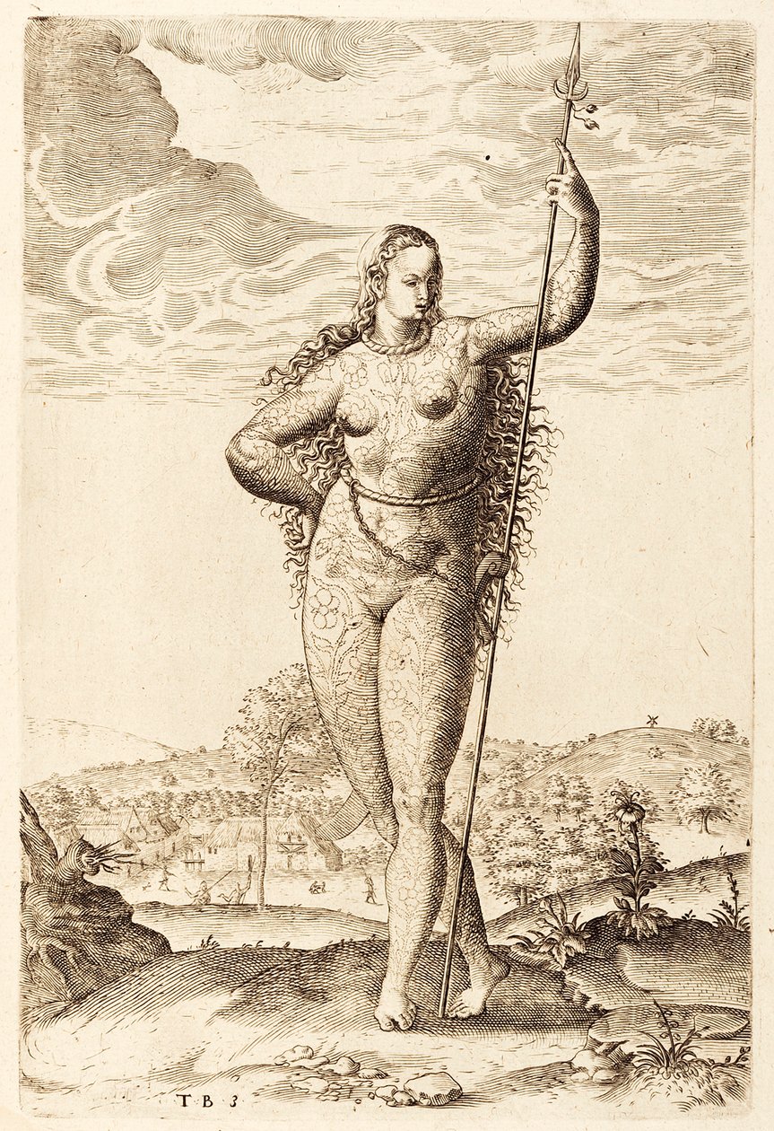 Mladá piktská žena, c1585 (rytina bw) od Jacques Le Moyne