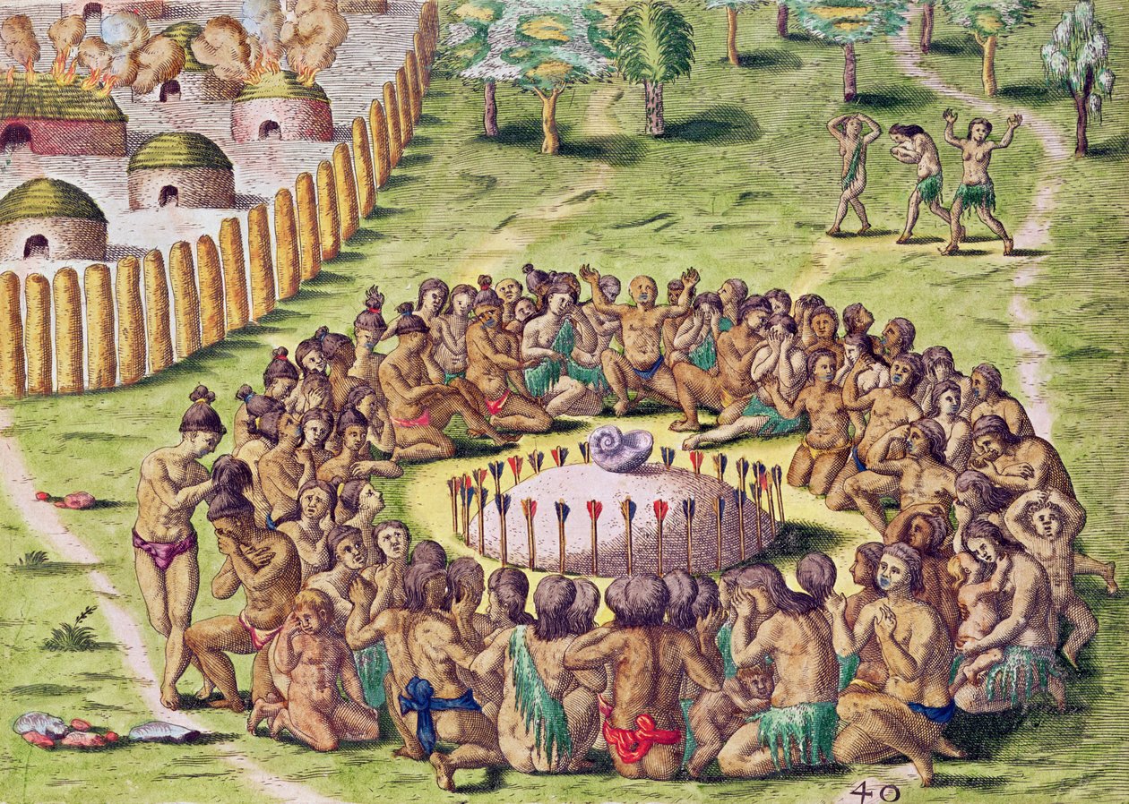 Jak je pohřben náčelník, z „Brevis Narratio...“, vyryl Theodore de Bry 1528-98), vydáno ve Frankfurtu, 1591 od Jacques Le Moyne