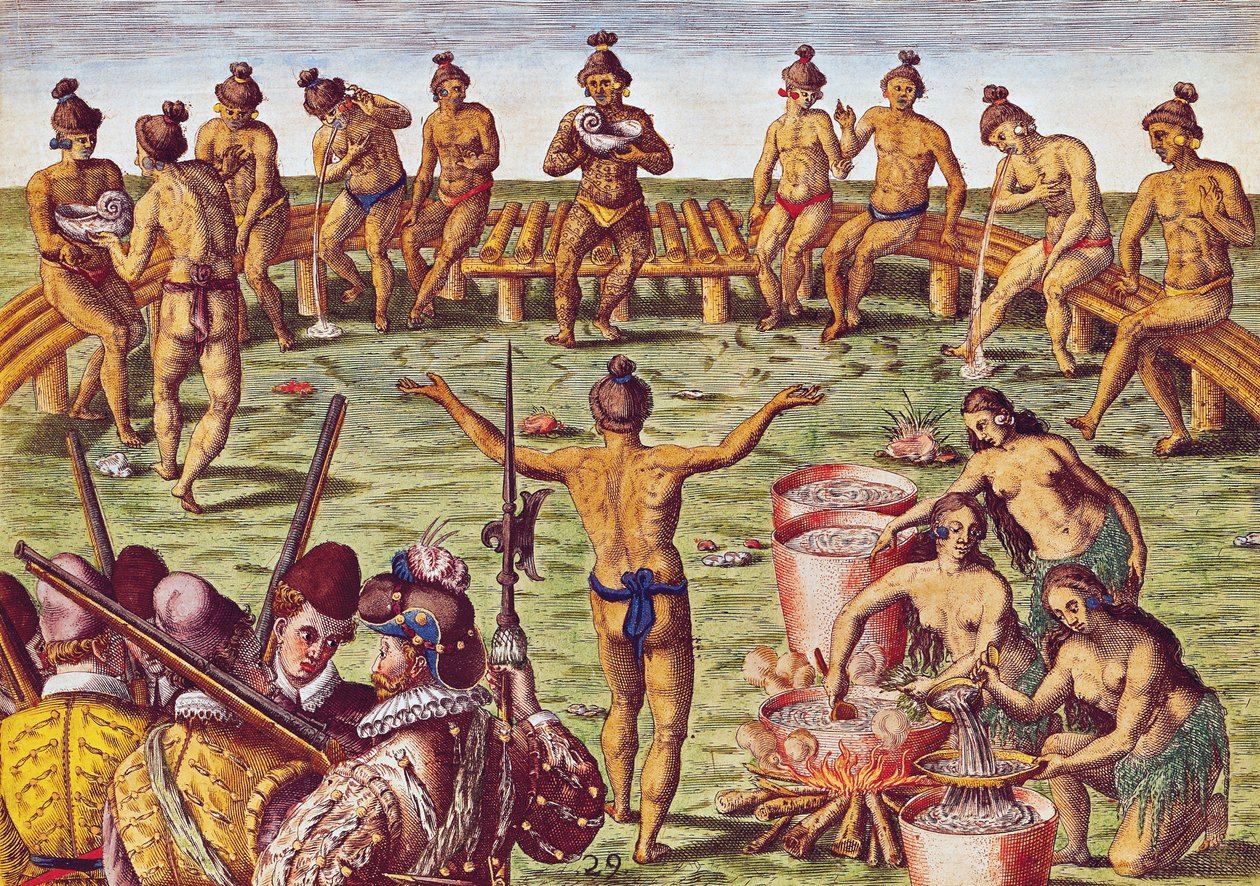 Jak se obyvatelé Floridy rozhodovali o důležitých věcech, z „Brevis Narratio...“, vyryl Theodore de Bry (1528-88) 1563 od Jacques Le Moyne
