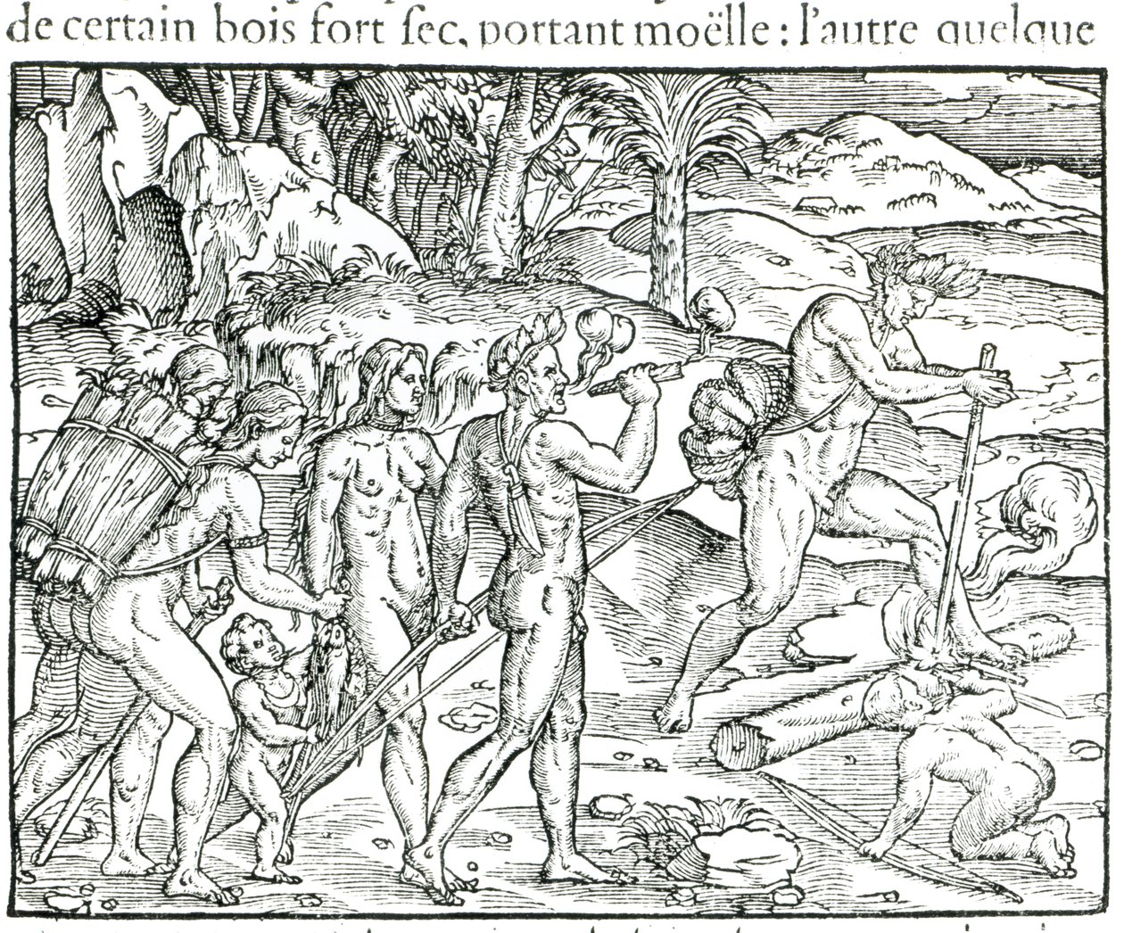 Indiáni rozdělávají oheň po lovu, rytina Theodora de Bry (1525-75) od Jacques Le Moyne