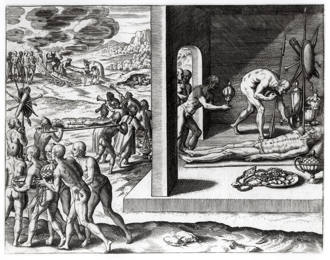 Indické pohřební rituály, z „Americae“, napsal a vyryl Theodor de Bry (1525-75), 1602 od Jacques Le Moyne
