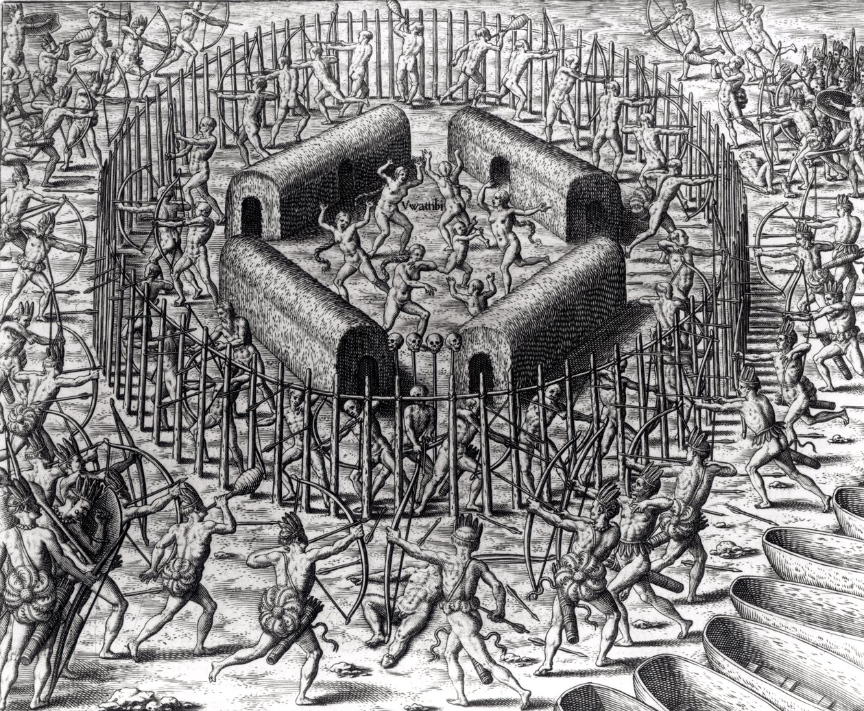 Johannes Staden pomáhá bránit indiány, kteří ho zajali proti Tuppin Tkins, vyryl Theodore de Bry (1528-98), z 