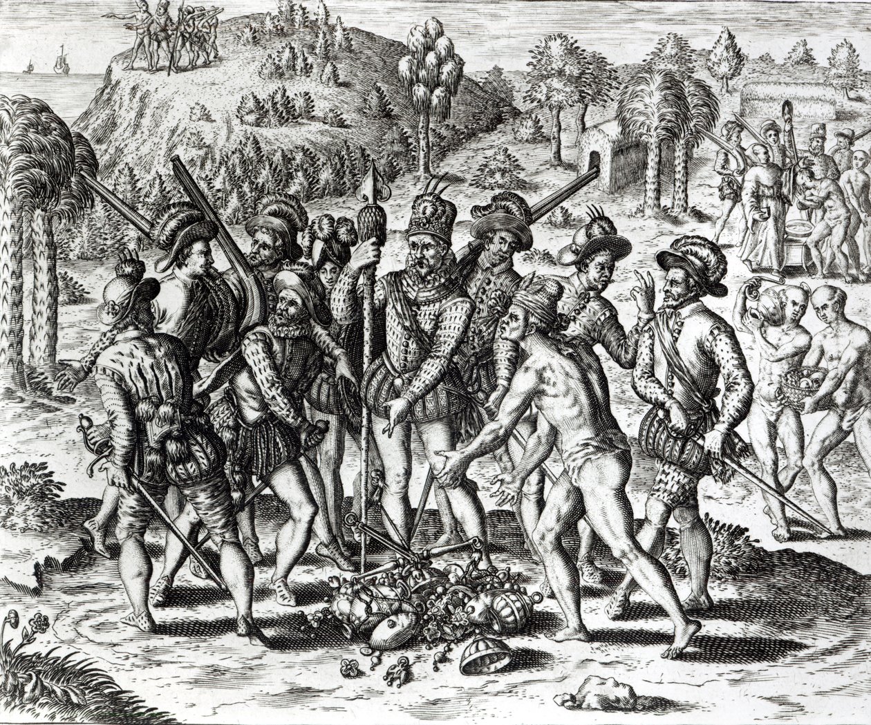 Španělé přijímající dary od indiánů, z „Historie“, 1598, vyryl Theodor de Bry (1528-98) od Jacques Le Moyne