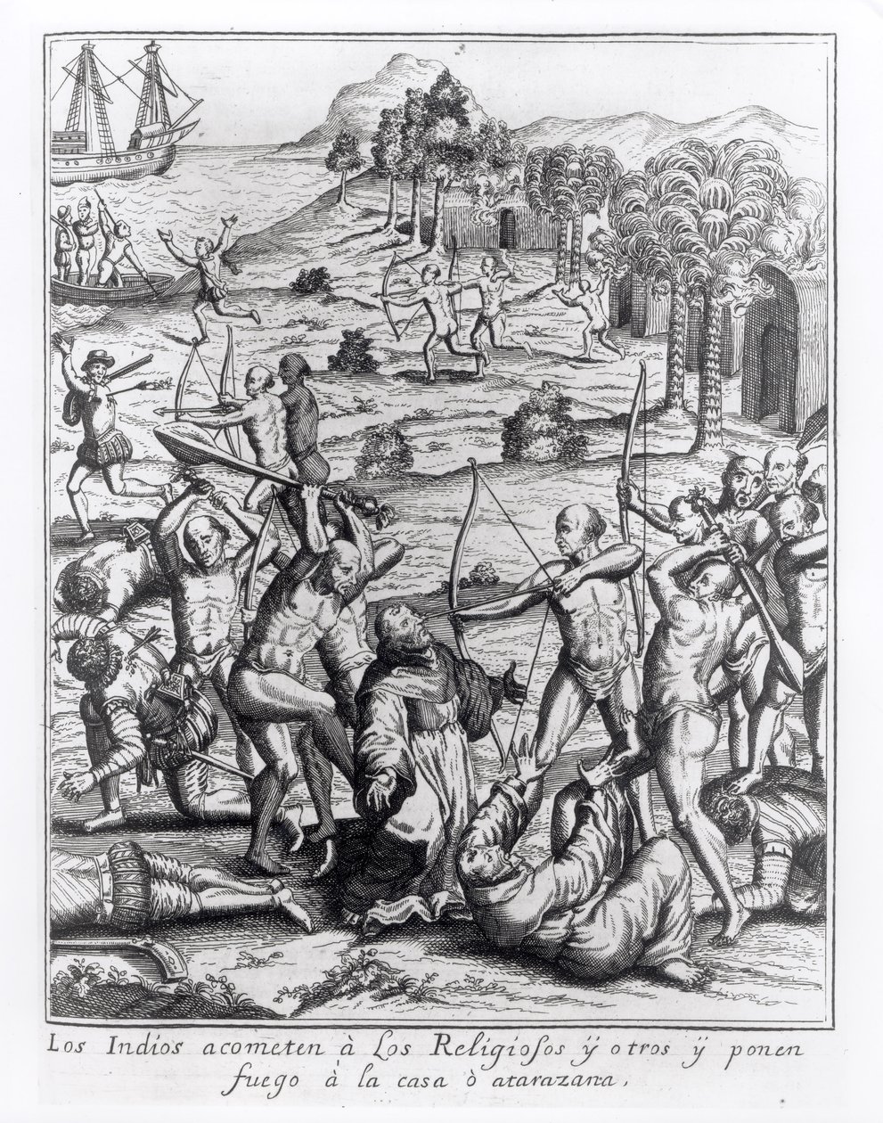 Indiáni útočí na kněze a ostatní a zapalují jejich domy, rytina z knihy "Americae", kterou napsal a vyryl Theodor de Bry (1528-98). od Jacques Le Moyne