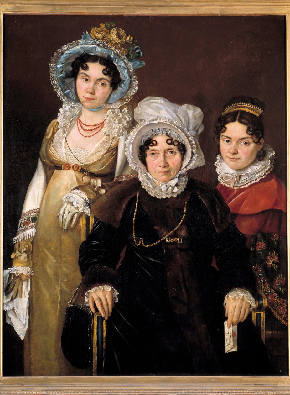 Portrét Madame de Tangry a jejích dcer (Portréty Isabelle Rose van Tieghem, manželky Anselma Morela de Tangry, Echevina z Kortrijku a dvou jejích dcer). Obraz francouzské školy 19. století, zhotovený po roce 1816. Malba původně od Jacques Louis (attr.to) David